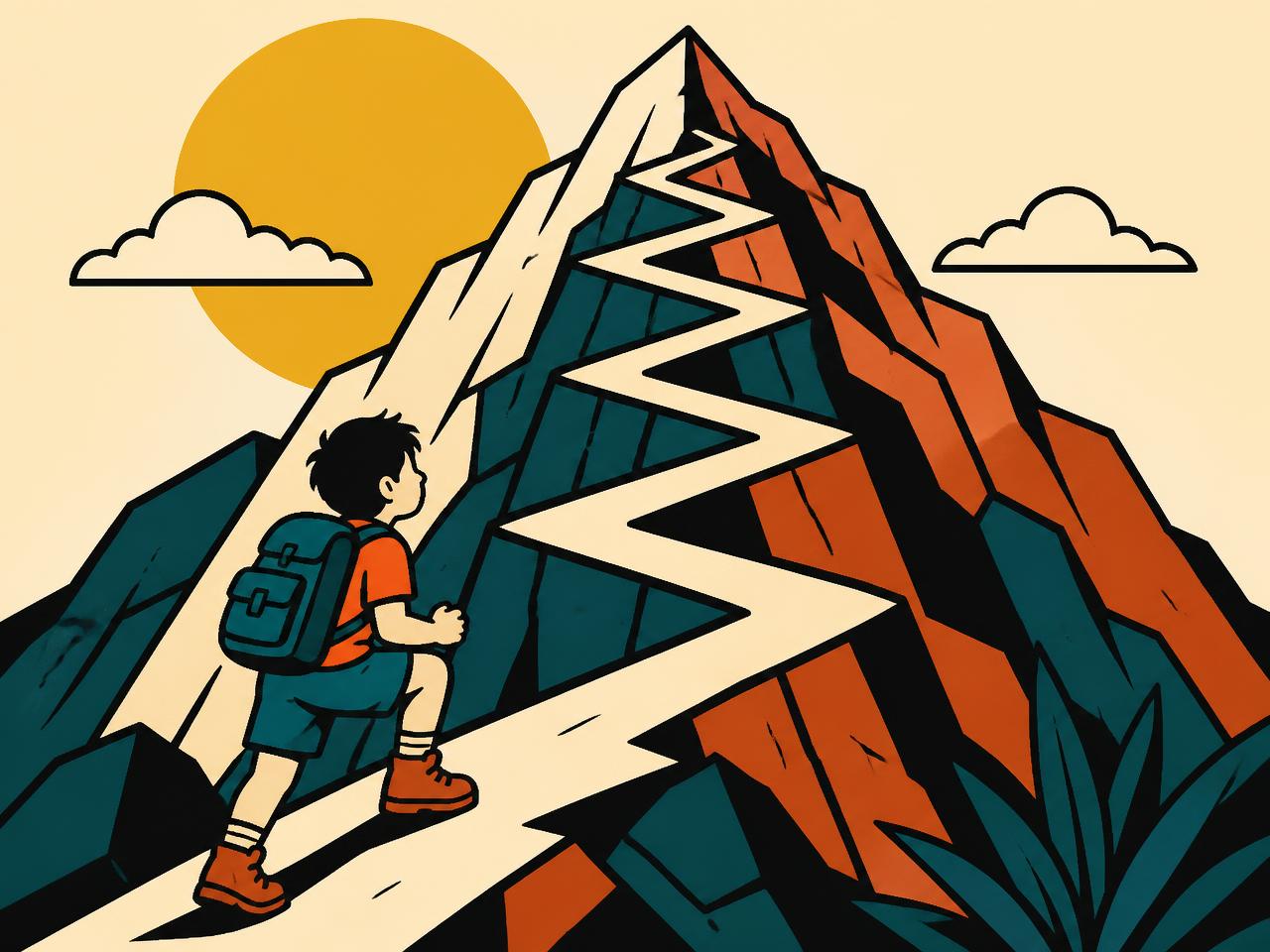 Bold flat illustration of a child climbing a switchback path up a mountain toward the summit