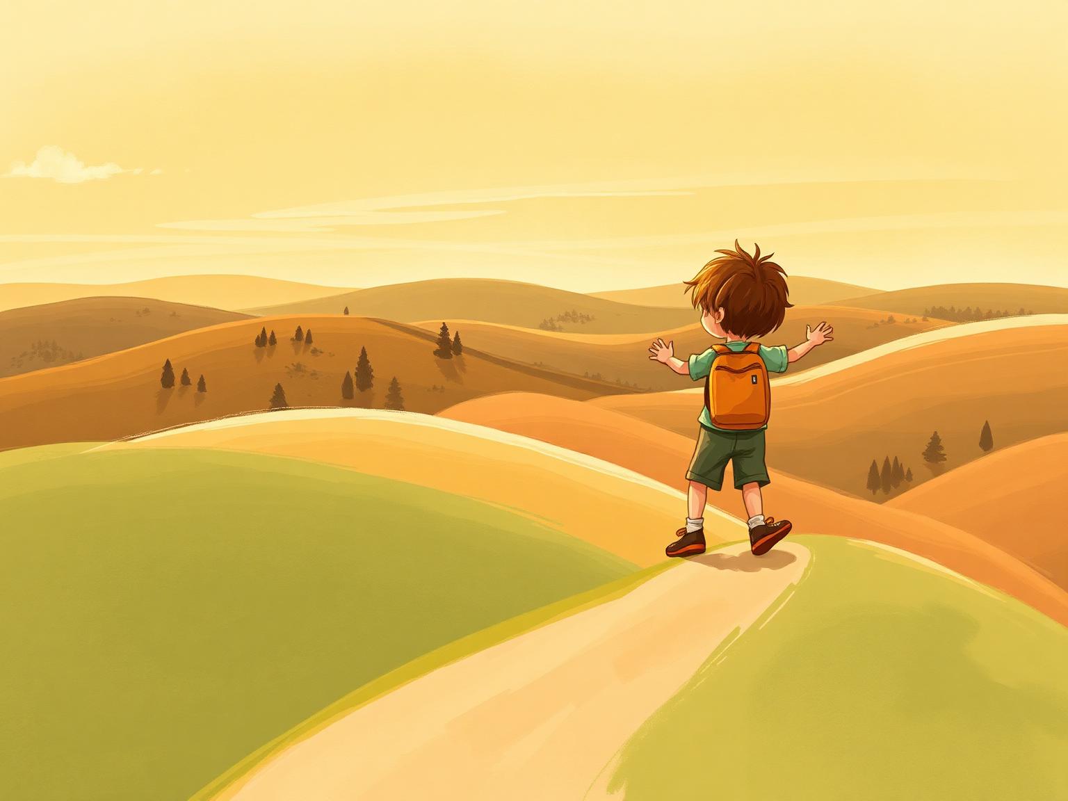 A child sitting on a hillside at golden hour with arms open to the sky
